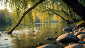 Peaceful River Scene with Willow Trees and Smooth Rocks Along Shore photo