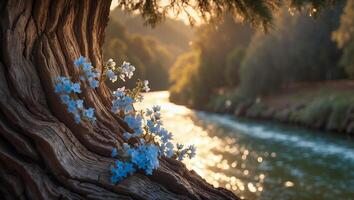 Delicate Blue Flowers Bloom on Tree Trunk by Sparkling River photo