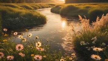 Tranquil River Flowing Through Golden Meadow at Sunset with Wildflowers photo