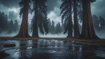 Walking Among Giant Trees with Circular Patterned Water on Foggy Day photo