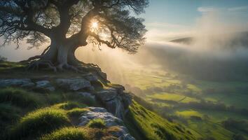 Old Tree on Cliffside at Sunrise with Foggy Valley View photo