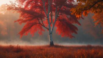 Autumn Tree Displaying Vibrant Red Leaves in a Misty Field photo