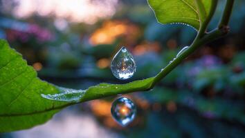 Water Droplet on Leaf Reflecting Nature's Colorful Sunset Glow photo