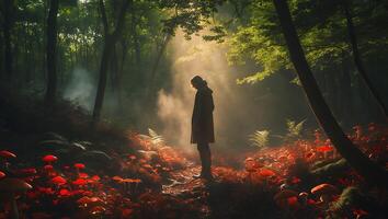 Person Standing in a Forest Filled with Red Mushrooms and Fog photo