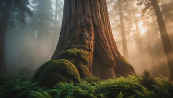 Majestic Tree Rising in Foggy Forest with Lush Green Ferns photo