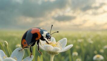 Ladybug on a Flower in a Meadow at Dusk with Soft Light photo