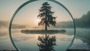 Tree on Island Reflected in Lake Through a Round Lens at Dawn photo