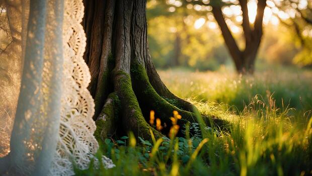 Tree Trunk and Meadow with Sunlight Filtering Through Lacy Curtain photo