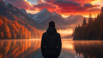 Man Watching Sunrise Over Lake with Mountains and Autumn Trees photo