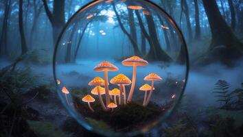 Glowing Mushrooms in Glass Orb Reflecting a Mysterious Foggy Forest photo