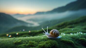 Snail Crawling on Mossy Ground During Gentle Rain at Sunrise photo