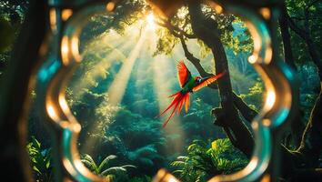 Parrot Flying Through Jungle with Sun Rays Seen Through Window photo