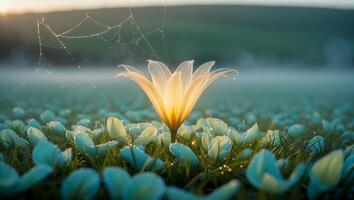 Blooming Flower Glows in Field at Sunrise with Dewy Cobweb Backdrop photo