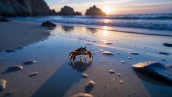 Crab Walking on Sandy Beach at Sunset with Ocean View photo