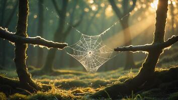 Spiderweb Hanging Between Branches in Forest with Sunlight Streaming Through photo
