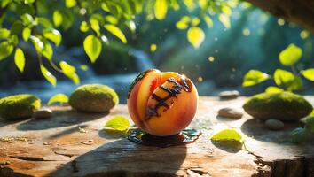 Peach with Drizzled Chocolate on Wood Outdoors by a Stream photo