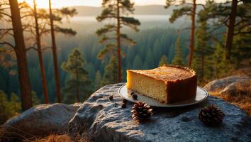 Slice of Cake on Rock Overlooking Forest Mountain Scenery at Sunset photo
