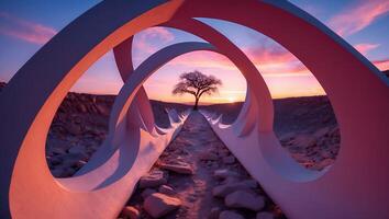 Solitary Tree at Sunset Seen Through Abstract Architectural Arches photo