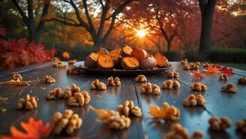 Serving Roasted Sweet Potatoes with Walnuts and Autumn Leaves photo