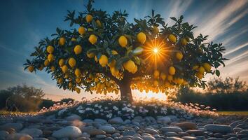 Lemon Tree at Sunset with Flowers and Rocks in the Foreground photo