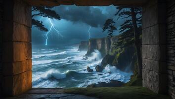 Viewing Stormy Ocean From Stone Window Overlook with Dramatic Lightning photo