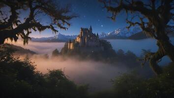 Castle Above the Clouds Mystical Night Landscape with Snowy Mountains photo
