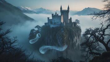 Enchanting Castle Towering Above the Clouds on Mountain Peak photo
