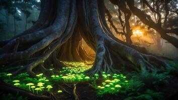 Glowing Mushrooms Under Large Tree in Mystical Forest Landscape photo