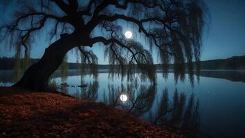 Willow Tree and Moon Reflection on Still Lake at Night photo