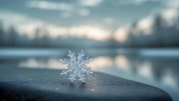 Single Snowflake Detail on Icy Surface with Blurred Winter Background photo