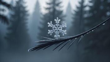 Snowflake Resting on Pine Needle in Forest Winter Scene photo