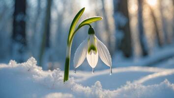 Snowdrop Flower Blooming in Winter Snow with Melting Ice Crystals photo