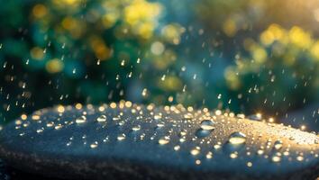 Rain Drops on Stone with Green Background and Golden Light Effect photo