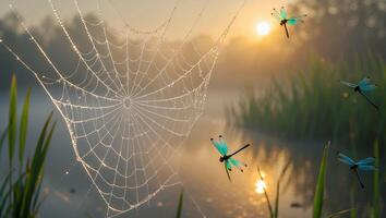 Dragonflies Flying Near Dew-covered Spiderweb at Sunrise Over a Pond photo