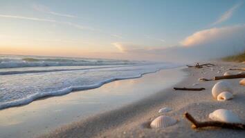 Seashells on Sandy Beach with Waves at Sunset Calm Scenery photo