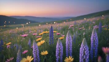Wildflower Meadow at Twilight with Lupine and Daisy Flowers photo