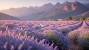 Butterfly Flying Over Lavender Field with Mountains in the Background photo