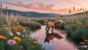 Fox Walking Through Stream at Sunset in Meadow with Flowers photo