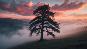 Solitary Tree Standing Silhouetted on Hillside with Foggy Sunset Glow photo