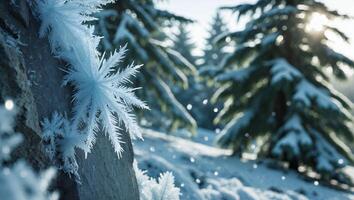 Winter Forest Scene with Ice Crystals on Rock and Snow Falling photo