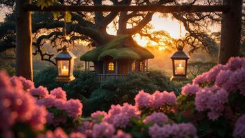 Viewing Treehouse Through Pink Flowers at Sunset with Lanterns photo