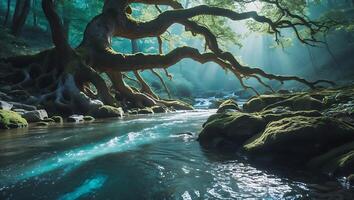 Stream Flowing Through Forest with Mossy Rocks and Rooted Tree photo