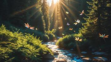 Dragonflies Hovering Over Stream in Forest with Sunlight Bursting Through photo
