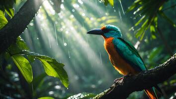 Colorful Bird Perched on Branch in Rainforest with Sun Rays Shining photo