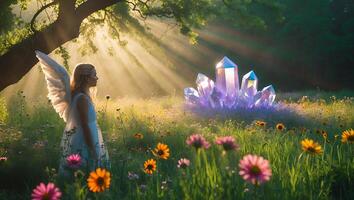 Angel Standing in Meadow with Shining Crystals and Sun Rays photo