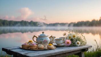 Afternoon Tea with Cakes and Flowers by Misty Lake at Sunset photo