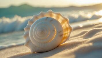 Seashell on Beach Sand at Sunset with Ocean Wave in Background photo