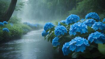 Flowering Hydrangea Along Stream in a Rainy Forest Landscape photo