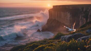 Seagull Flying Over Cliffside Ocean at Sunset with Crashing Waves photo