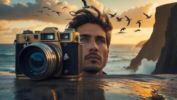 Vintage Camera at Coastline with Pensive Man and Flying Birds photo